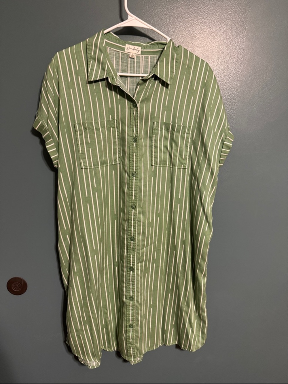 Casual Green Stripe Button-Up Shirt Dress - Relaxed Fit